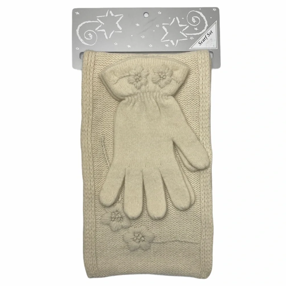 Floral Luxury Knit Scarf Gloves Set Ivory Cream Tan Beige Natural Luxury Scarves